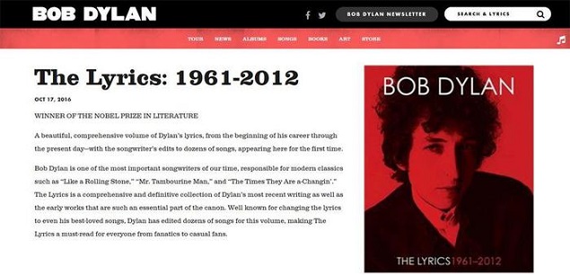 Bob Dylan, su sitio web admite el premio Nobel